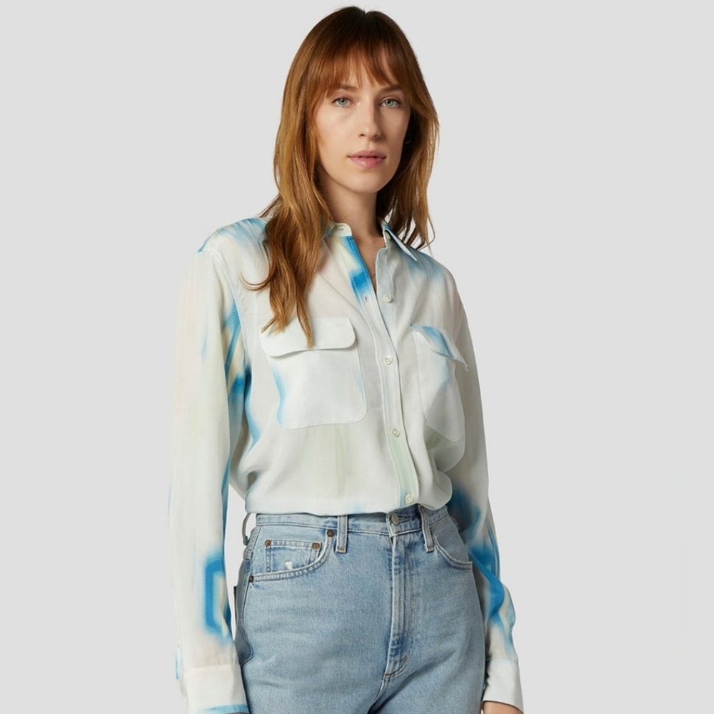 Equipment Silk Satin Blouse in Desert Blue Multi - Size M - Picture 3 of 4